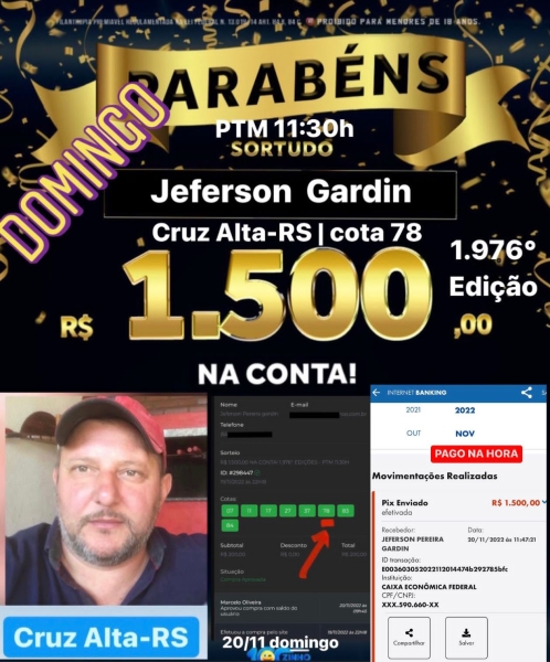 R$ 1.500,00 NA CONTA! 1.976° EDIÇÕES - PTM     11:30H 