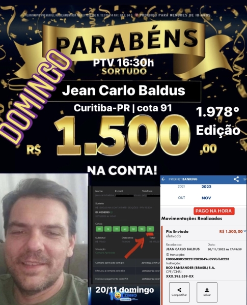 R$ 1.500,00 NA CONTA! 1.978° EDIÇÕES - PTV      16:30H 