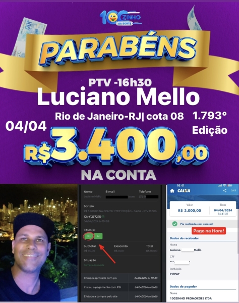 R$ 3.400,00 NA CONTA! 1.793° EDIÇÃO - 04/04 - PTV  16:30h