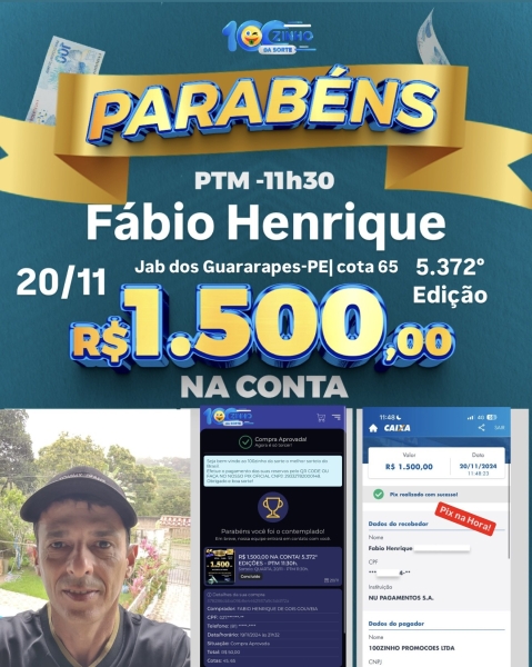 R$ 1.500,00 NA CONTA! 5.372° EDIÇÕES - PTM  11:30h.