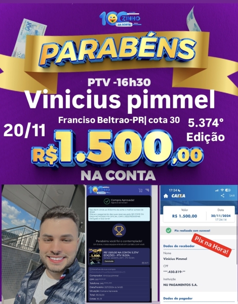 R$ 1.500,00 NA CONTA! 5.374° EDIÇÕES - PTV  16:30h.