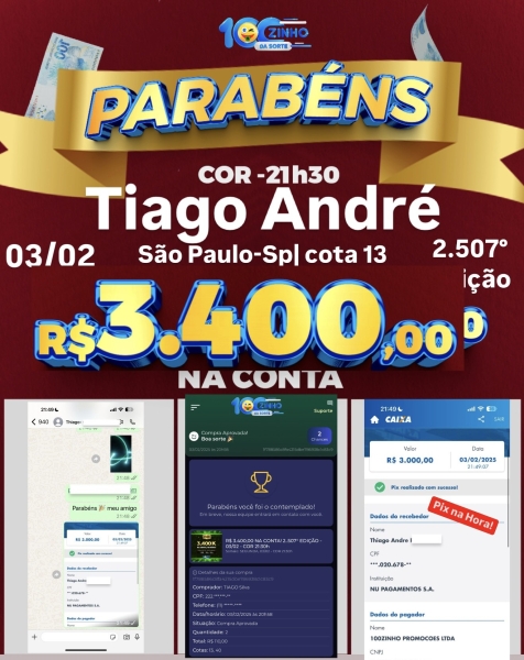 R$ 3.400,00 NA CONTA! 2..507° EDIÇÃO - 03/02 - COR  21:30h