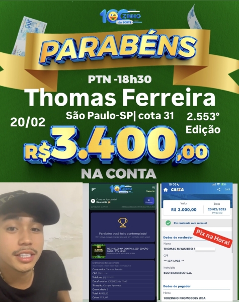 R$ 3.400,00 NA CONTA! 2..553° EDIÇÃO - 20/02 - PTN  18:30h