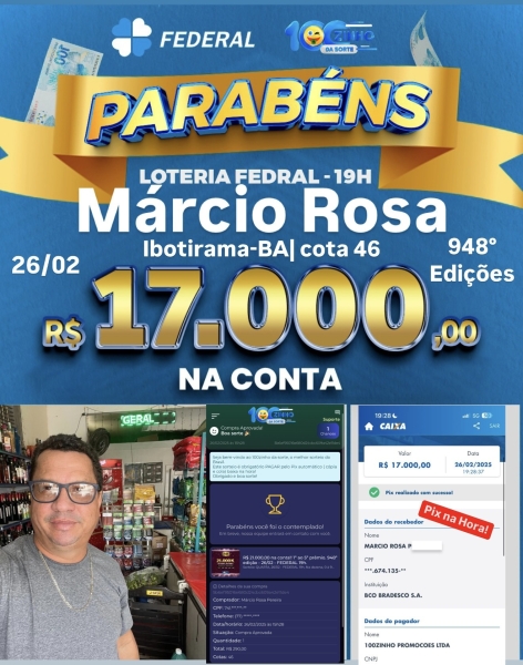 R$ 21.000,00 na conta!!  1º ao 5º prêmio. 948º edição - 26/02 - FEDERAL  19h.