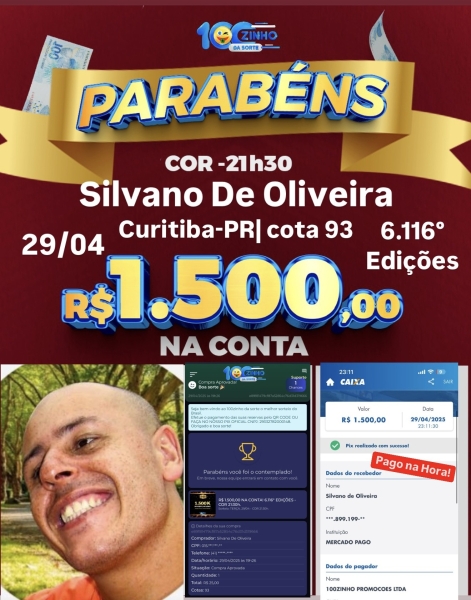 R$ 1.500,00 NA CONTA! 6.116° EDIÇÕES - COR   21:30h.