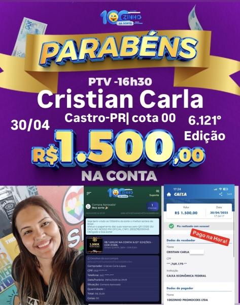 R$ 1.500,00 NA CONTA! 6.119° EDIÇÕES - PTV   16:30h.