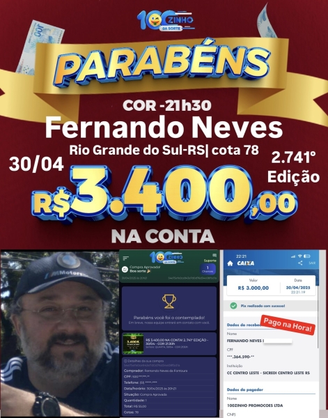 R$ 3.400,00 NA CONTA! 2..741° EDIÇÃO - 30/04 - COR    21:30h
