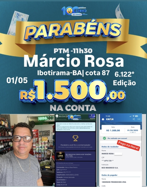 R$ 1.500,00 NA CONTA! 6.122° EDIÇÕES - PTM   11:30h.