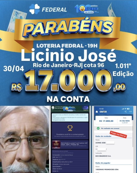 R$ 21.000,00 na conta!!  1º ao 5º prêmio. 1.011º edição - 30/04 - FEDERAL   19h.
