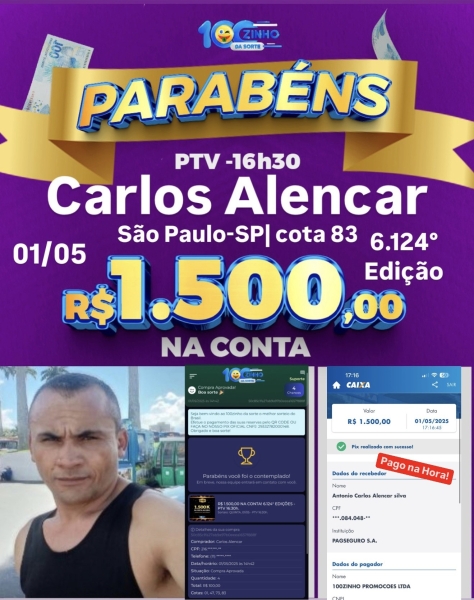 R$ 1.500,00 NA CONTA! 6.124° EDIÇÕES - PTV   16:30h.