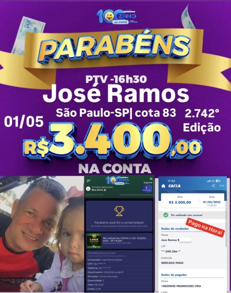 R$ 3.400,00 NA CONTA! 2..742° EDIÇÃO - 01/05 - PTV    16:30h