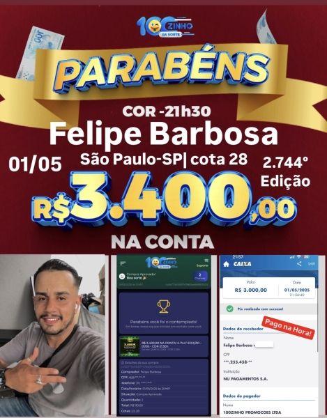 R$ 3.400,00 NA CONTA! 2..744° EDIÇÃO - 01/05 - COR    21:30h