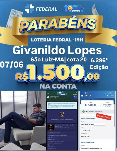 R$ 1.500,00 NA CONTA! 6.296° EDIÇÕES - FEDERAL   19h.
