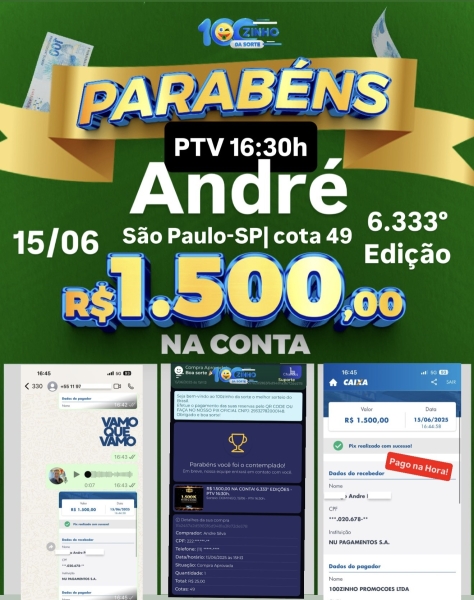 R$ 1.500,00 NA CONTA! 6.333° EDIÇÕES - PTV   16:30h.