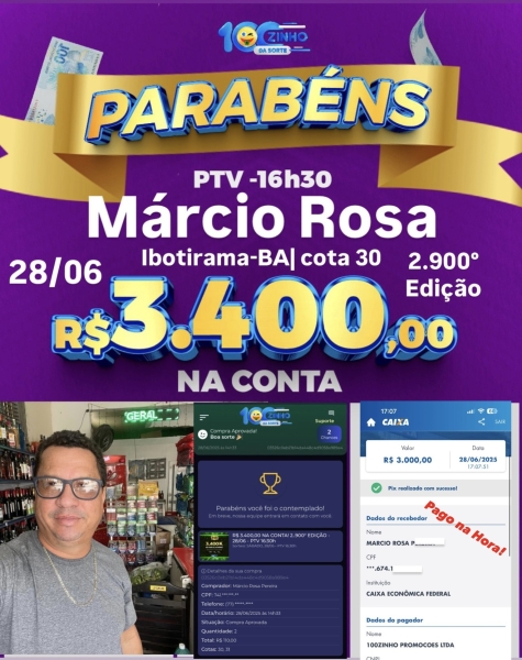 R$ 3.400,00 NA CONTA! 2..900° EDIÇÃO - 28/06 - PTV   16:30h