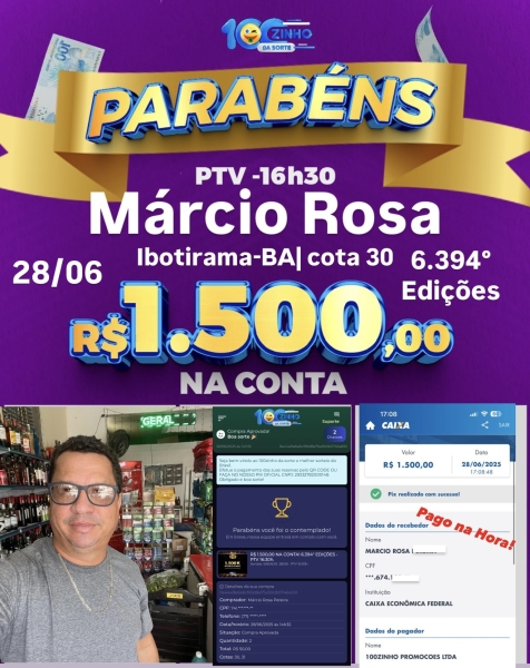 R$ 1.500,00 NA CONTA! 6.394° EDIÇÕES - PTV   16:30h.
