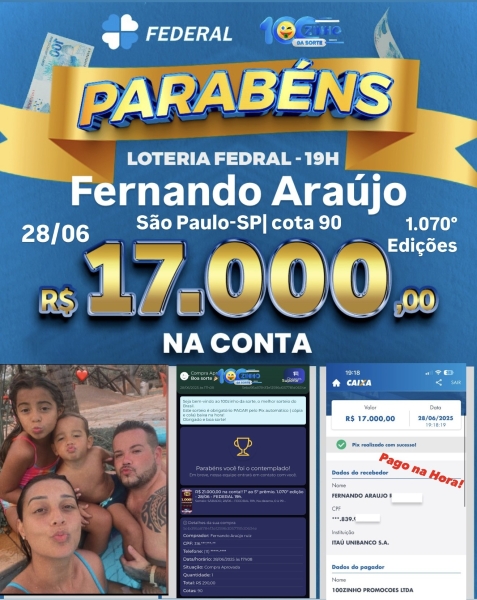 R$ 21.000,00 na conta!!  1º ao 5º prêmio. 1.070º edição - 28/06 - FEDERAL   19h.