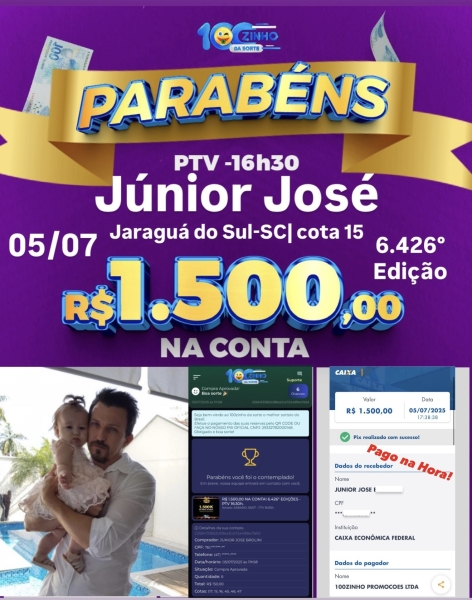 R$ 1.500,00 NA CONTA! 6.426° EDIÇÕES - PTV   16:30h.