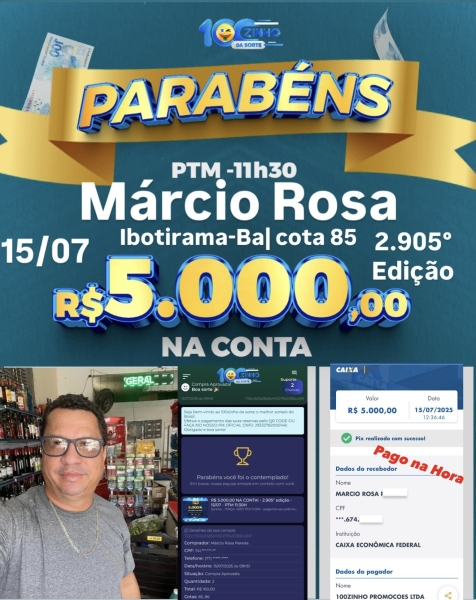 R$ 5.000,00 NA CONTA!  - 2.905° edição - 15/07 - PTM   11:30H 