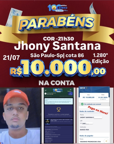 R$ 12.000,00 NA CONTA! 1.280° EDIÇÕES - COR  21:30h - 21/07
