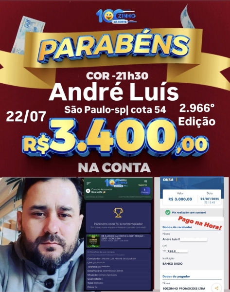R$ 3.400,00 NA CONTA! 2..966° EDIÇÃO - 22/07 - COR   21:30h