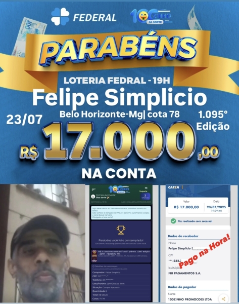 R$ 21.000,00 na conta!!  1º ao 5º prêmio. 1.095º edição - 23/07 - FEDERAL   19h.