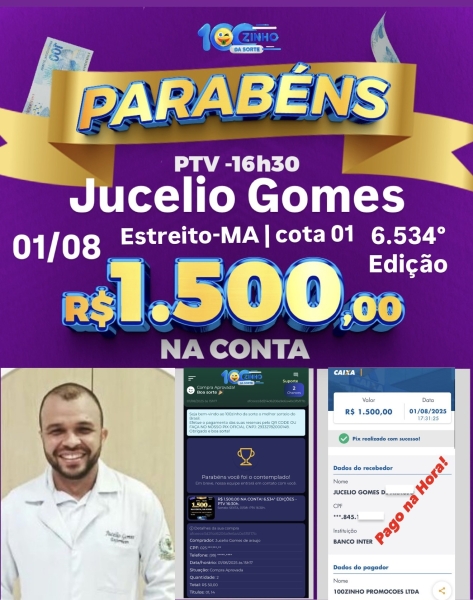 R$ 1.500,00 NA CONTA! 6.534° EDIÇÕES - PTV   16:30h.