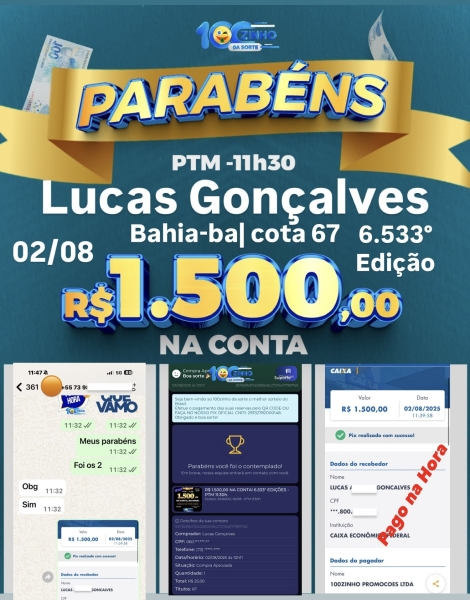 R$ 1.500,00 NA CONTA! 6.533° EDIÇÕES - PTM   11:30h.