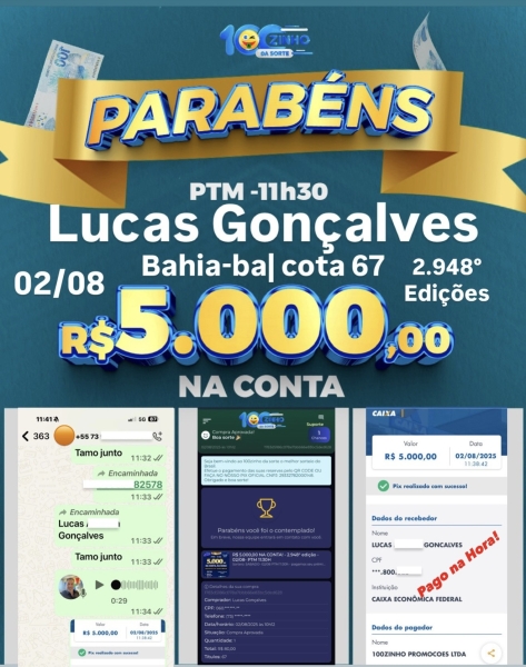 R$ 5.000,00 NA CONTA!  - 2.948° edição - 02/08- PTM   11:30H 