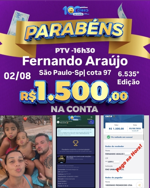 R$ 1.500,00 NA CONTA! 6.535° EDIÇÕES - PTV   16:30h.