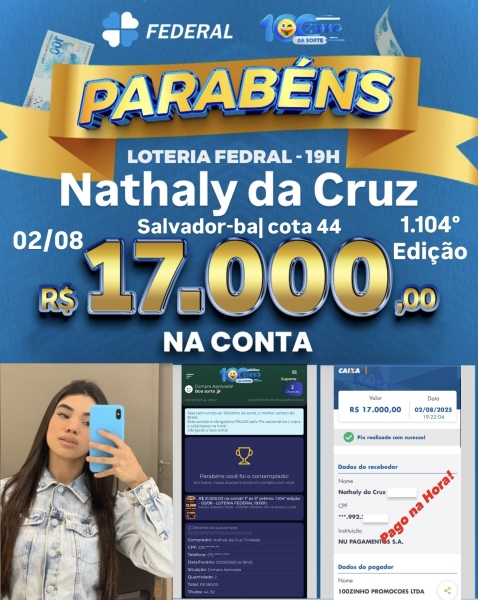 R$ 21.000,00 na conta!!  1º ao 5º prêmio. 1.104º edição - 02/08 - LOTERIA FEDERAL   19:00h.
