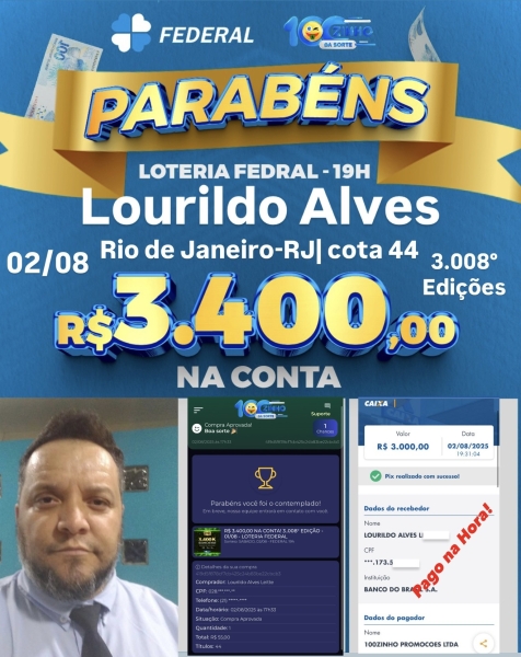 R$ 3.400,00 NA CONTA! 3..008° EDIÇÃO - 01/08 - LOTERIA FEDERAL