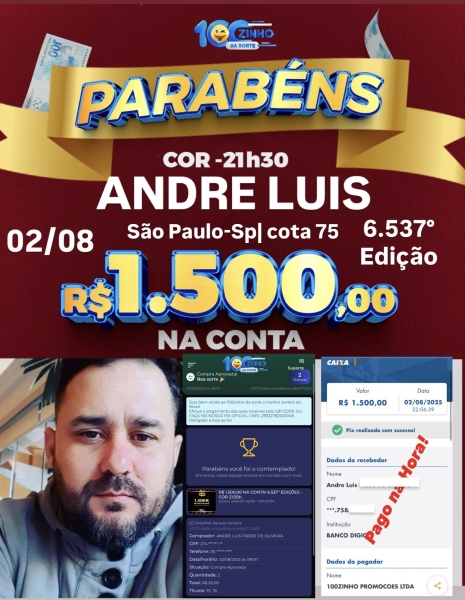 R$ 1.500,00 NA CONTA! 6.537° EDIÇÕES - COR   21:30h.
