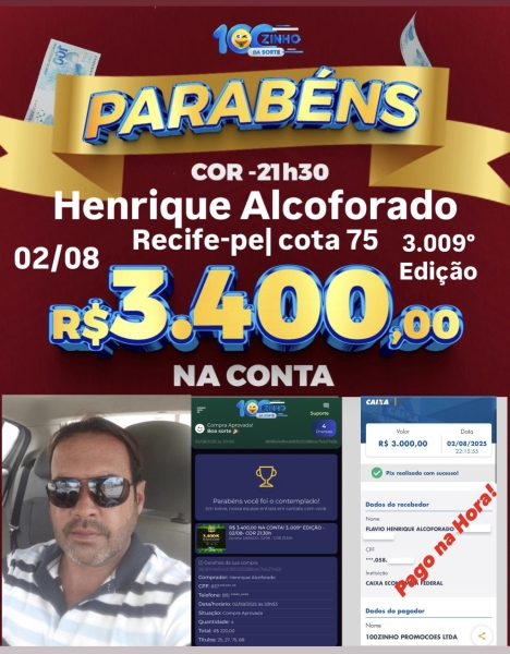 R$ 3.400,00 NA CONTA! 3..009° EDIÇÃO - 02/08- COR 21:30h
