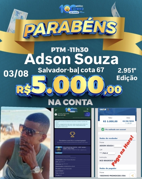 R$ 5.000,00 NA CONTA!  - 2.951° edição - 03/08 - PTM   11:30H 