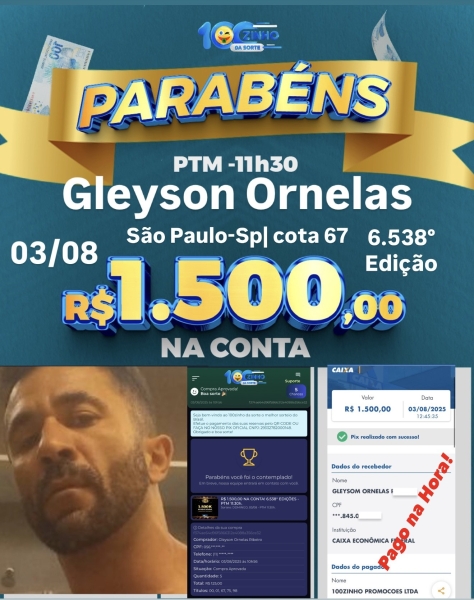 R$ 1.500,00 NA CONTA! 6.538° EDIÇÕES - PTM   11:30h.