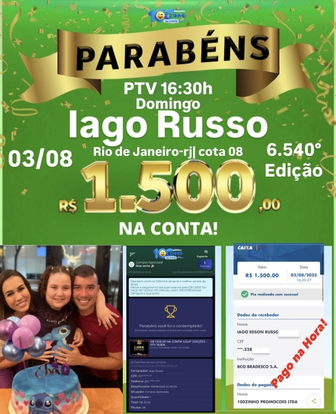 R$ 1.500,00 NA CONTA! 6.540° EDIÇÕES - PTV   16:30h.